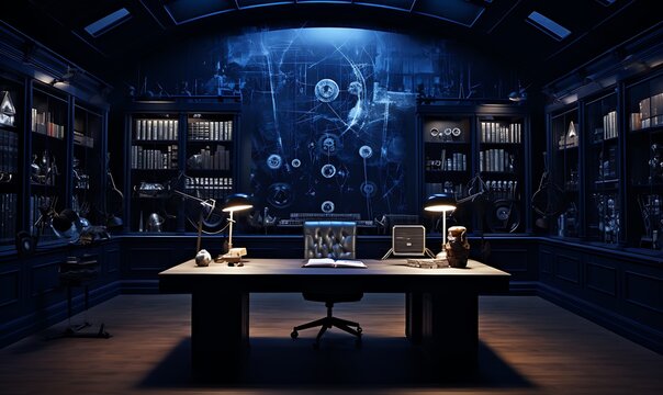 Light black and indigo styled data room, chicago imagination master, intelligence core, romantic academic. Generative Ai

