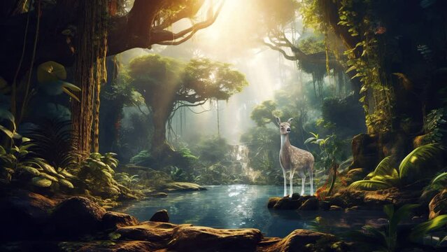 A deer in beautiful fairytale enchanted jungle rainforest with sunbeams. Enchanted tropical rain forest.