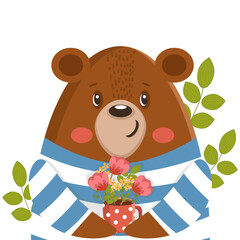 Bear with flowers. Cartoon teddy bear with flowers bouquet. Cute teddy bear . Vector illustration isolated on white background. Funny cartoon animal . Greeting card, happy birthday, print, poster 