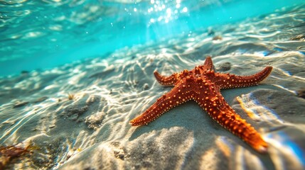 Orange colour starfish on the bottom of blue ocean.