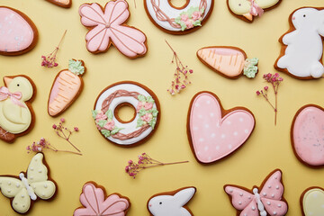 Easter holiday cookies background with gypsophila decorations. Pastel symbols of Easter food. Spring Easter card flat lay