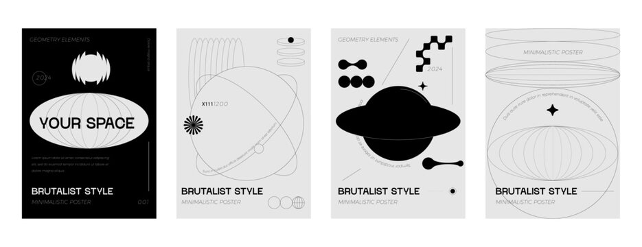 Posters with silhouette minimalistic  figures, extraordinary graphic assets of geometrical shapes swiss style, Modern minimal monochrome print brutalist.