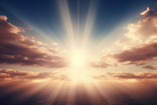 Heavenly rays of light in the clouds. Dreamy inspiring hope concept. Sun rays from heaven. Blessed light.	