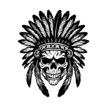 a drawing of a indian skull with feathers headdress in black and white. Tattoo idea for a biker theme.