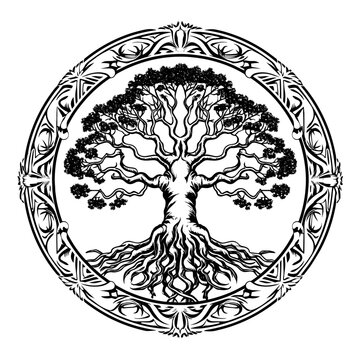 A drawing of the tree of life in black and white. Tattoo idea for a spiritual theme.