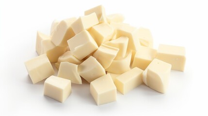 Isolated white chocolate chunks against a white backdrop. upper view
