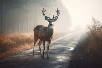 Deer animal on misty woodland road. Wildlife fauna on pathway in foggy morning. Generate ai - obrazy, fototapety, plakaty