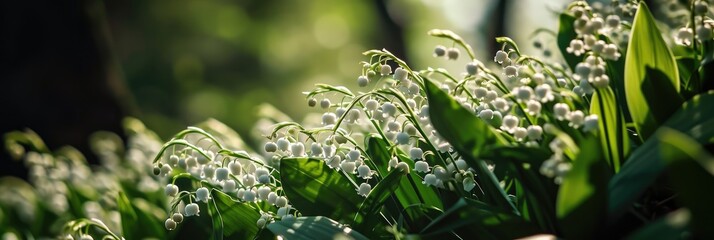 A close-up view of lily of the valley shallow depth photography of beautiful flowers with bokeh background. Floral banner