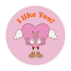 The hand-drawn heart retro character with a phrase. Vector illustration in trendy retro cartoon style. Love, Valentine's Day.