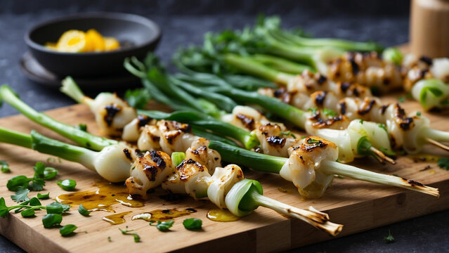 a grilled dish using the spring onions on the chopping board outline a recipe for grilled spring onion skewers with a zesty citrus glaze
