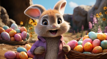 Fototapeta na wymiar cute bunny holds basket of bright colorful Easter eggs.