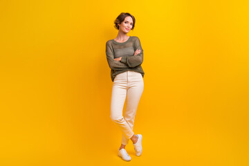 Fototapeta na wymiar Photo of gorgeous cute girl dressed in fashionable outfit skinny denim pants isolated on vivid yellow color background