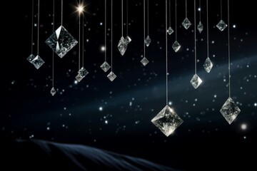 Diamonds hanging strings on celestial dark background. Sparkling treasure gemstones luxury strands. Generate ai