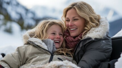 Obraz premium Snowy Delight: Mother-Daughter Snowman Fun