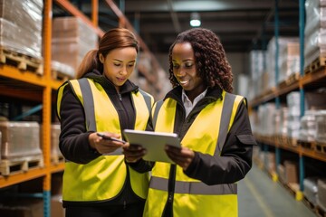 Two diverse female workers are looking at a tablet while working at a large warehouse. Two multiethnic women are using tablet at a logistics center.