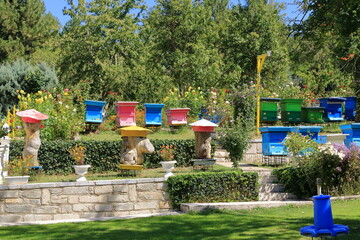 Colorful Beehives in Albania. Collection of Hives with Colonies of Bees Kept for Honey in Garden