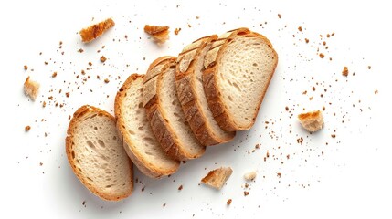 Sliced bread isolated on a white background. Bread slices and crumbs viewed from above. Top view - obrazy, fototapety, plakaty