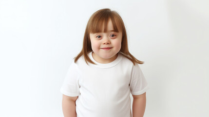 little cute girl with down syndrome in casual clothes on a white background, smiling child, person with special needs, kid, toddler, childhood, chromosomal disease, disability, studio portrait