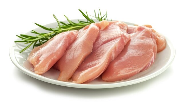 Sliced raw Chicken breast fillet, poultry meat steaks in plate. B Isolated on white background