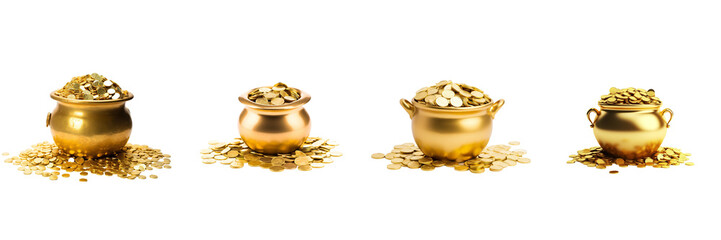 Set of  gold coins inside a pot of gold, transparent background