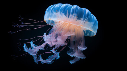 jelly fish in the blue, Some jellyfish are swimming underwater in a shallow space, in the style of luminous 3d objects, light magenta, glowing jellyfish chrysaora pacifica underwater, Ai generated ima