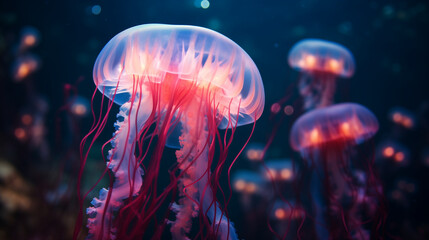 Glowing jellyfish swim deep in blue sea. Medusa neon jellyfish fantasy in space cosmos among stars,  glowing jellyfish chrysaora pacifica underwater, Ai generated image 