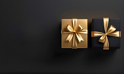 Generative ai. two black and gold gift boxes with gold bows, gifts, presents, black and gold colors, gold and black color scheme - obrazy, fototapety, plakaty