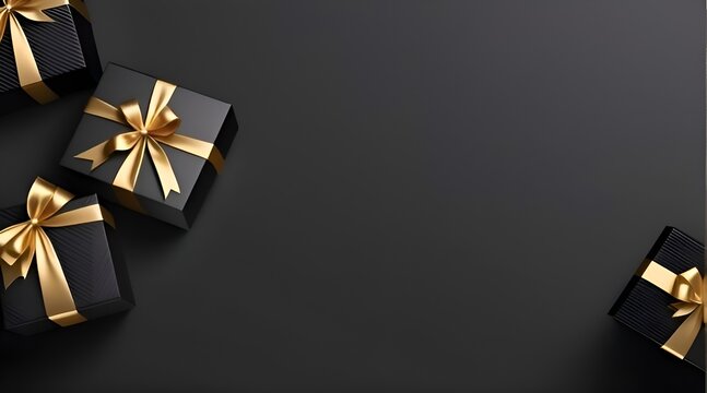 Generative ai. a group of black and gold gift boxes, professional photo, presents, on black background, istock, black and gold, gifts, symbolic, illustration, an elegant