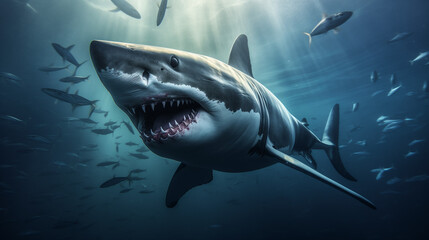 great shark in the sea, Great White Shark in blue ocean. Underwater photography. Predator hunting near water surface, underwater, Ai generated image