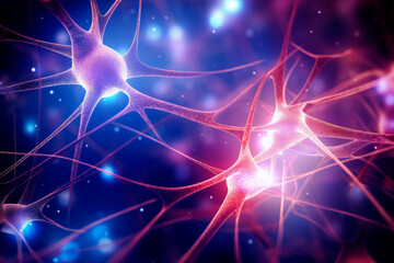 Neuronas conectadas mandando y recibiendo impulsos eléctricos. - obrazy, fototapety, plakaty