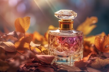 Obraz na płótnie Canvas Glass bottle perfume autumn fall plant lay. Vogue concept natural beauty. Generate Ai
