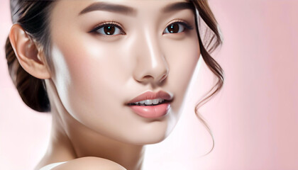 Fototapeta premium Woman with beautiful face touching healthy facial skin. High quality photo of skin care and cosmetics concept with copy space for text. Beautiful happy Asian girl model with healthy skin,