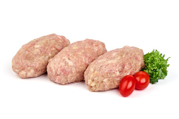 Raw pork meatballs, isolated on white background.