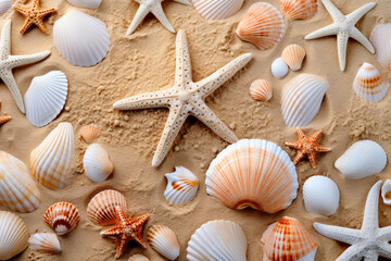 Fototapeta na wymiar Fondo de verano con conchas y estrellas de mar sobre la arena.