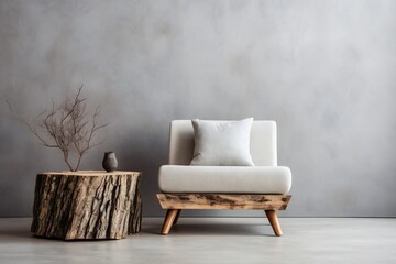 Fabric lounge chair and wood stump side table against silver stucco wall with copy space. Rustic minimalist home interior design of modern living room