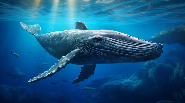 Humpback whale underwater view at Vavae's Kingdom of Tonga, Humpback whale underwater, Ai generated image