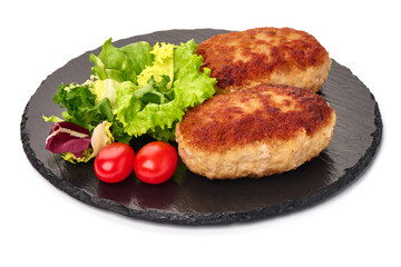 Fried cutlets in breadcrumbs, isolated on white background.