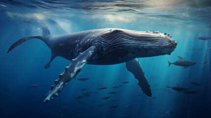 Whale swimming underwater in the ocean. 3D Rendering. A Baby Humpback Whale Plays Near the Surface...