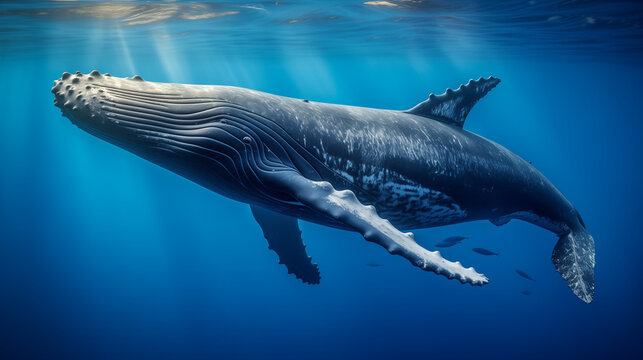 Dolphin swimming in the water,  Humpback whale underwater, Ai generated image
