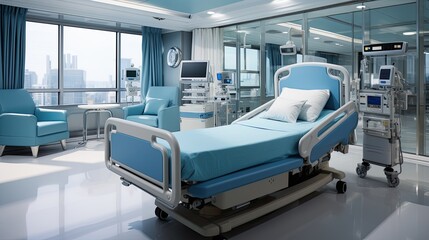 Hospital ward or Recovery room with bed and comfortable medical equipped in a hospital. Generative AI