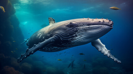 Humpback whale underwater, Ai generated image, A Baby Humpback Whale Plays Near the Surface in...