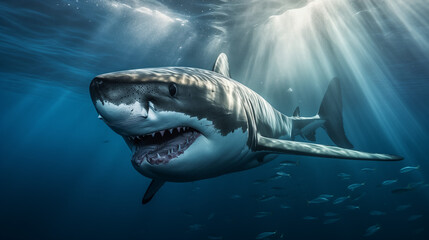 Great white shark, Great White Shark in blue ocean. Underwater photography. Predator hunting near water surface, underwater, Ai generated image