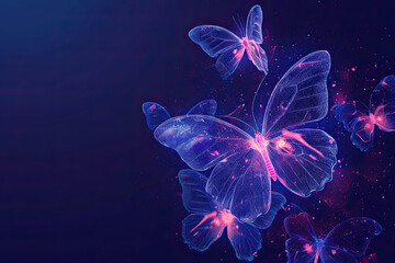 Isolated fantasy bioluminescent butterflies glowing in the dark