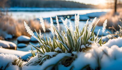 Winter wonderland, grass and ground covered in frosty frost, winter landscape in the background, - Powered by Adobe