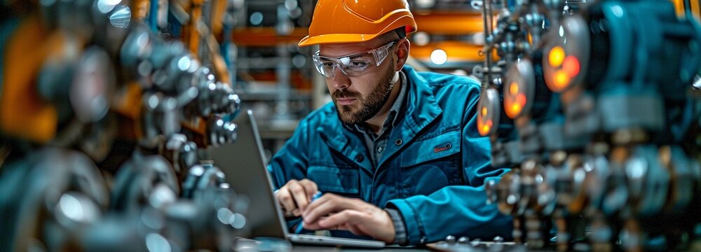 an engineer with a laptop A programmable logic controller controls a massive fully automated machine..