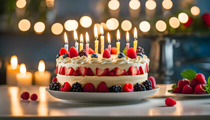 creamy birthday cake with berries and candles on the family kitchen table, people celebrate holidays together, - obrazy, fototapety, plakaty