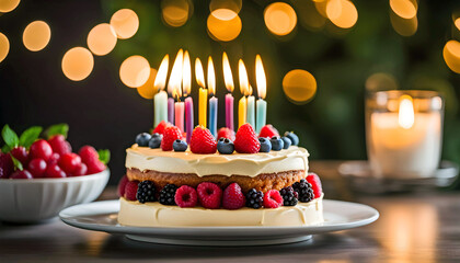 creamy birthday cake with berries and candles on the family kitchen table, people celebrate holidays together, - Powered by Adobe