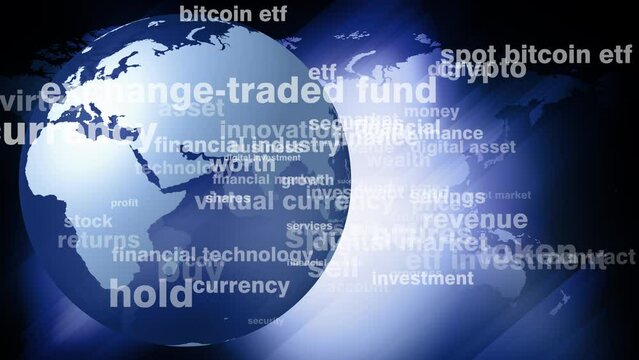 Cryptocurrency market spot bitcoin etf investment, world map and growth of digital money, virtual currency concept with high returns and worth for investors