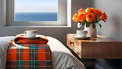 Minimalistic interior of a modern bedroom with pillows, a blanket against the backdrop of a view from the window to the ocean and sea, the concept of relaxing on the ocean,