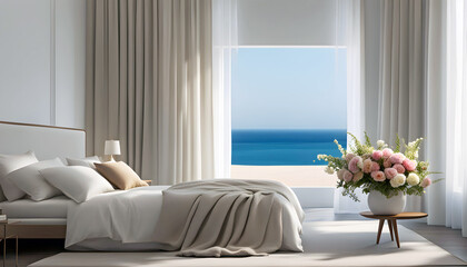 Minimalistic interior of a modern bedroom with pillows, a blanket against the backdrop of a view from the window to the ocean and sea, the concept of relaxing on the ocean,